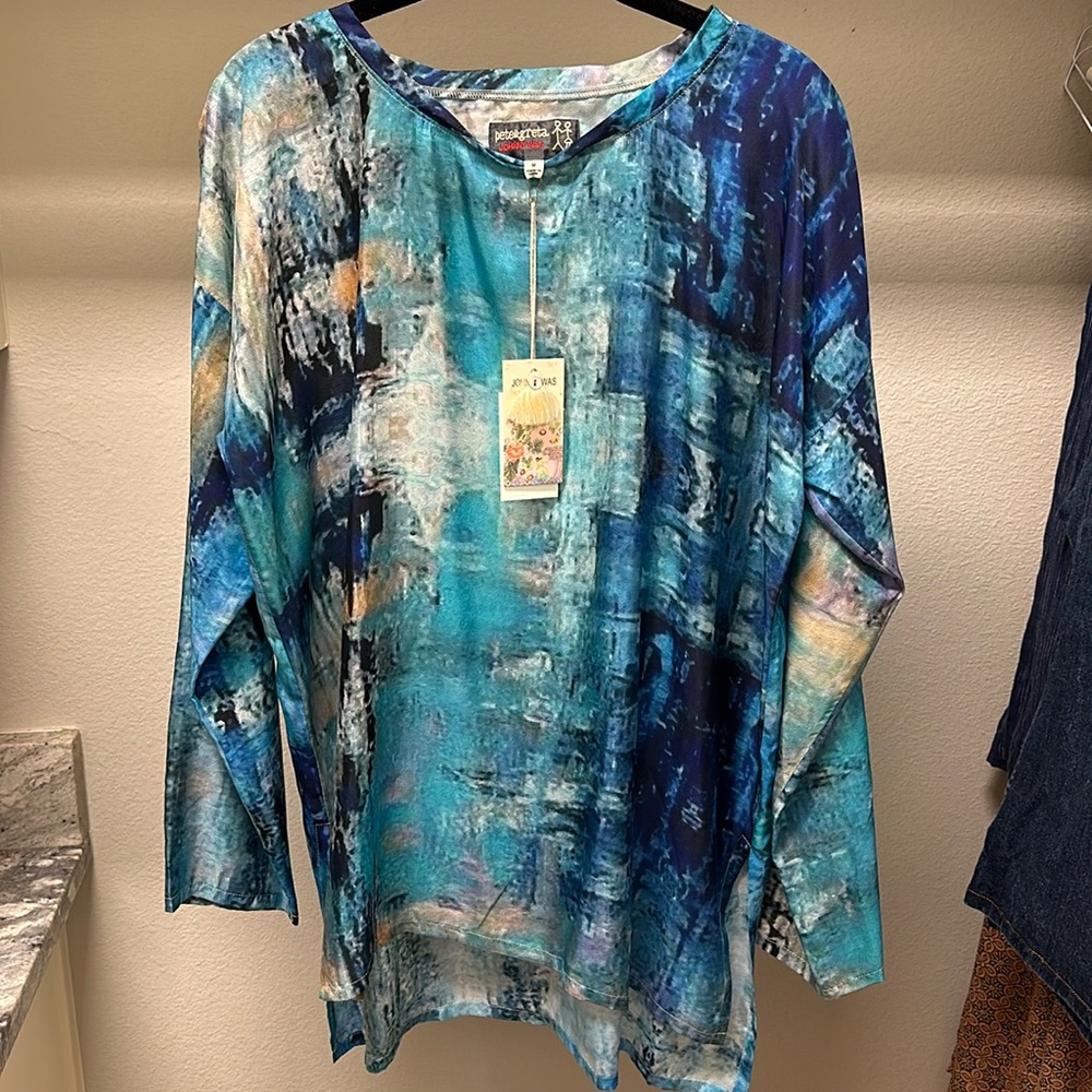 NWT Johnny Was Silk blouse abstract blue, size M Style P16821AN